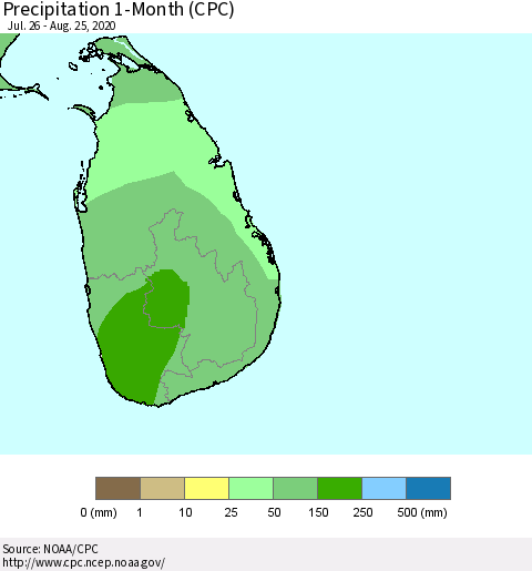 Sri Lanka Precipitation 1-Month (CPC) Thematic Map For 7/26/2020 - 8/25/2020