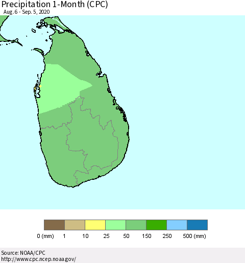 Sri Lanka Precipitation 1-Month (CPC) Thematic Map For 8/6/2020 - 9/5/2020