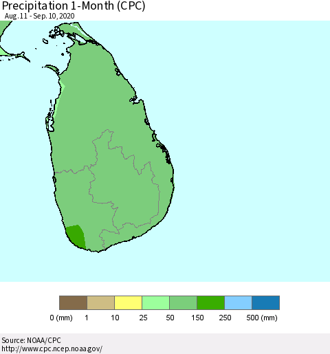 Sri Lanka Precipitation 1-Month (CPC) Thematic Map For 8/11/2020 - 9/10/2020