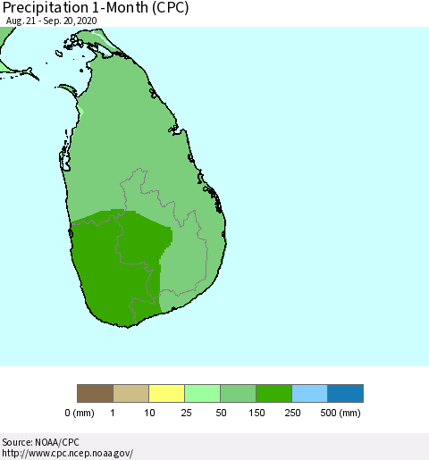 Sri Lanka Precipitation 1-Month (CPC) Thematic Map For 8/21/2020 - 9/20/2020