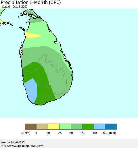 Sri Lanka Precipitation 1-Month (CPC) Thematic Map For 9/6/2020 - 10/5/2020