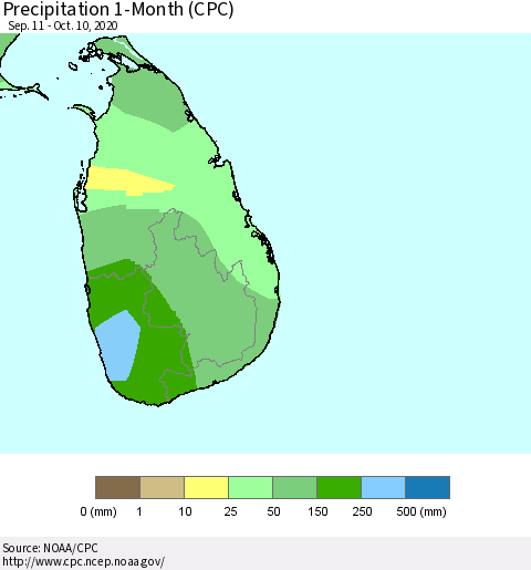 Sri Lanka Precipitation 1-Month (CPC) Thematic Map For 9/11/2020 - 10/10/2020