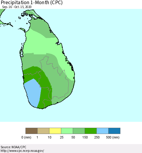 Sri Lanka Precipitation 1-Month (CPC) Thematic Map For 9/16/2020 - 10/15/2020