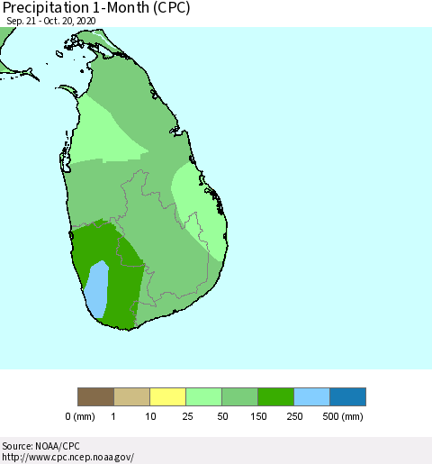 Sri Lanka Precipitation 1-Month (CPC) Thematic Map For 9/21/2020 - 10/20/2020