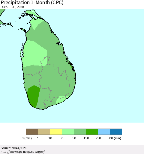 Sri Lanka Precipitation 1-Month (CPC) Thematic Map For 10/1/2020 - 10/31/2020