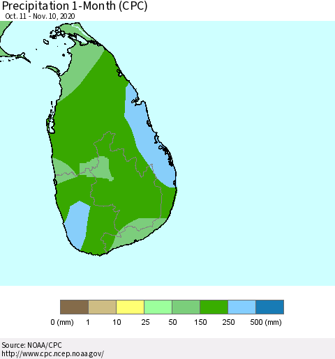 Sri Lanka Precipitation 1-Month (CPC) Thematic Map For 10/11/2020 - 11/10/2020