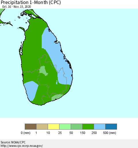 Sri Lanka Precipitation 1-Month (CPC) Thematic Map For 10/16/2020 - 11/15/2020