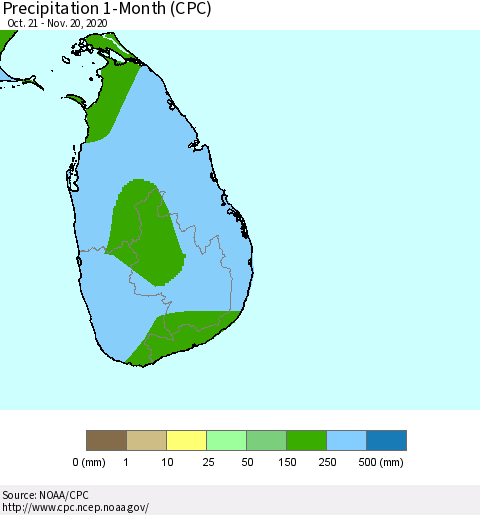 Sri Lanka Precipitation 1-Month (CPC) Thematic Map For 10/21/2020 - 11/20/2020