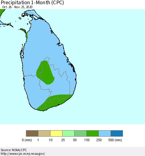 Sri Lanka Precipitation 1-Month (CPC) Thematic Map For 10/26/2020 - 11/25/2020