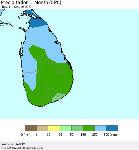 Sri Lanka Precipitation 1-Month (CPC) Thematic Map For 11/11/2020 - 12/10/2020
