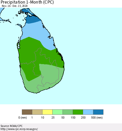 Sri Lanka Precipitation 1-Month (CPC) Thematic Map For 11/16/2020 - 12/15/2020