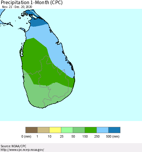 Sri Lanka Precipitation 1-Month (CPC) Thematic Map For 11/21/2020 - 12/20/2020