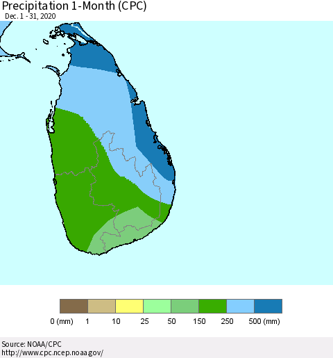 Sri Lanka Precipitation 1-Month (CPC) Thematic Map For 12/1/2020 - 12/31/2020