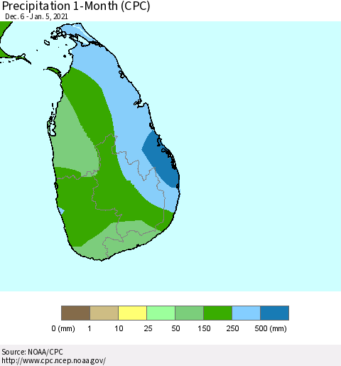 Sri Lanka Precipitation 1-Month (CPC) Thematic Map For 12/6/2020 - 1/5/2021