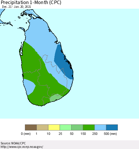 Sri Lanka Precipitation 1-Month (CPC) Thematic Map For 12/21/2020 - 1/20/2021