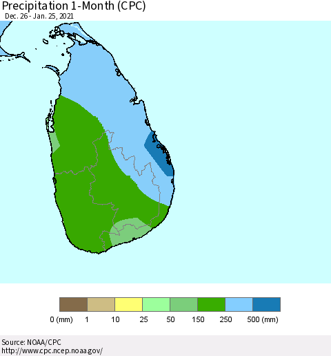 Sri Lanka Precipitation 1-Month (CPC) Thematic Map For 12/26/2020 - 1/25/2021