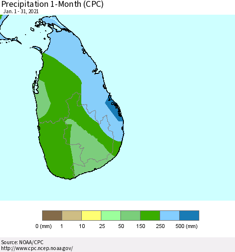 Sri Lanka Precipitation 1-Month (CPC) Thematic Map For 1/1/2021 - 1/31/2021