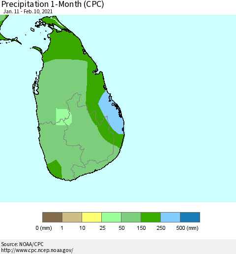 Sri Lanka Precipitation 1-Month (CPC) Thematic Map For 1/11/2021 - 2/10/2021
