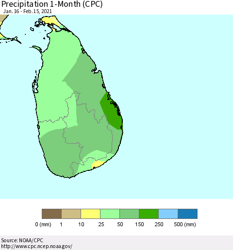 Sri Lanka Precipitation 1-Month (CPC) Thematic Map For 1/16/2021 - 2/15/2021