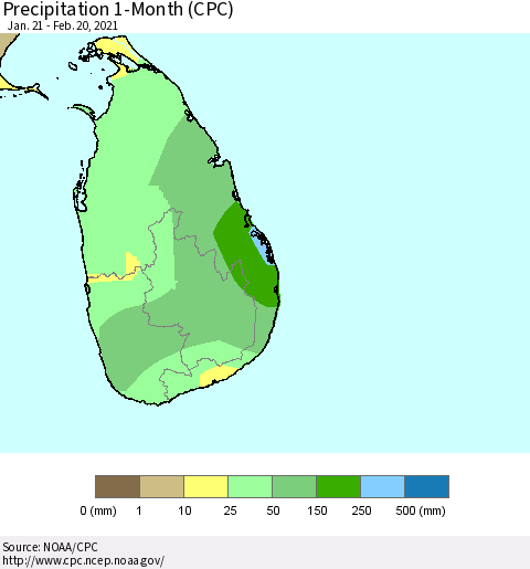 Sri Lanka Precipitation 1-Month (CPC) Thematic Map For 1/21/2021 - 2/20/2021