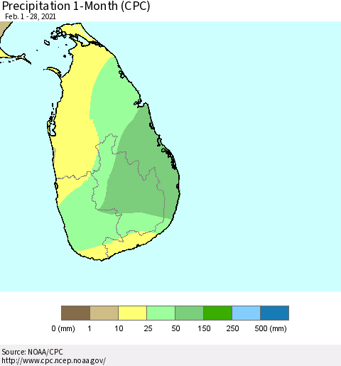 Sri Lanka Precipitation 1-Month (CPC) Thematic Map For 2/1/2021 - 2/28/2021