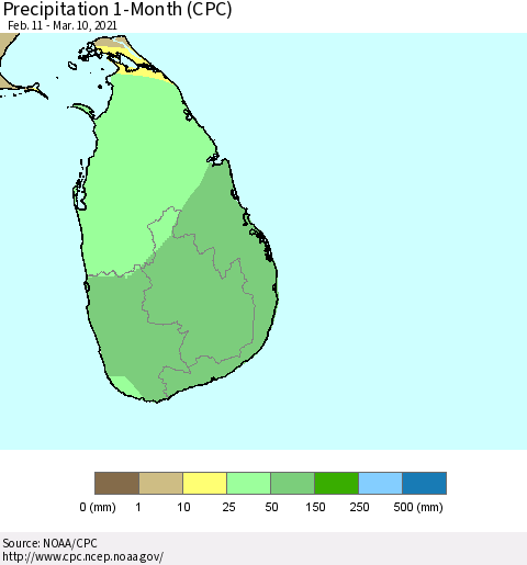 Sri Lanka Precipitation 1-Month (CPC) Thematic Map For 2/11/2021 - 3/10/2021
