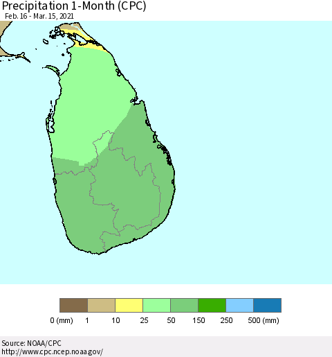 Sri Lanka Precipitation 1-Month (CPC) Thematic Map For 2/16/2021 - 3/15/2021