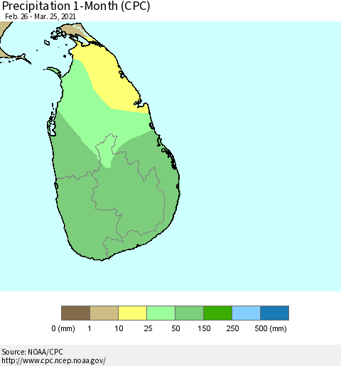 Sri Lanka Precipitation 1-Month (CPC) Thematic Map For 2/26/2021 - 3/25/2021