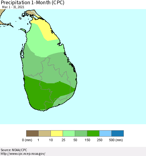 Sri Lanka Precipitation 1-Month (CPC) Thematic Map For 3/1/2021 - 3/31/2021