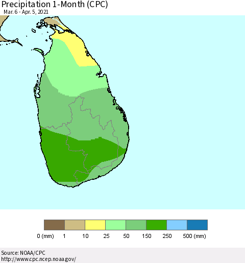 Sri Lanka Precipitation 1-Month (CPC) Thematic Map For 3/6/2021 - 4/5/2021