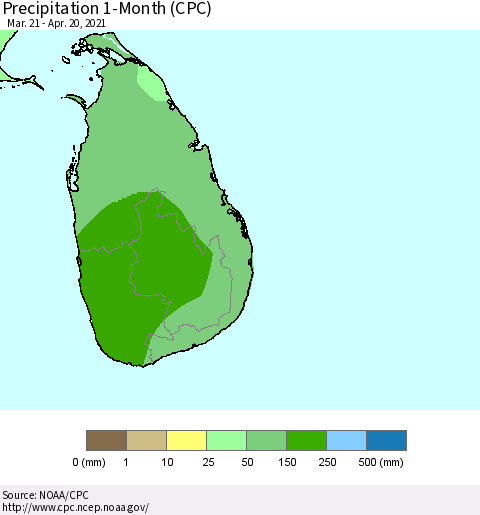 Sri Lanka Precipitation 1-Month (CPC) Thematic Map For 3/21/2021 - 4/20/2021