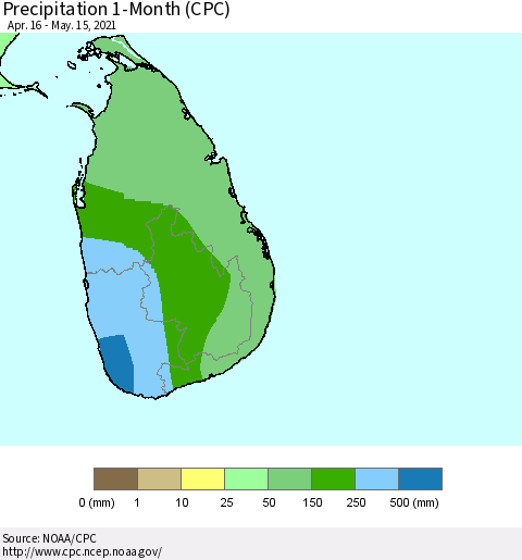 Sri Lanka Precipitation 1-Month (CPC) Thematic Map For 4/16/2021 - 5/15/2021