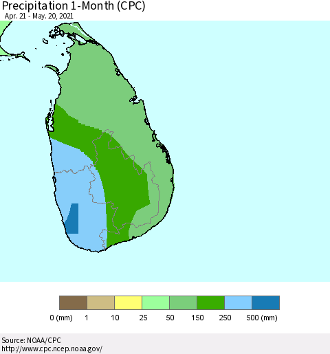 Sri Lanka Precipitation 1-Month (CPC) Thematic Map For 4/21/2021 - 5/20/2021