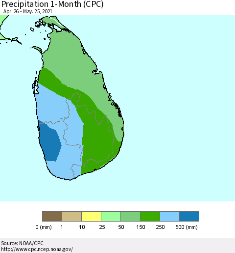 Sri Lanka Precipitation 1-Month (CPC) Thematic Map For 4/26/2021 - 5/25/2021