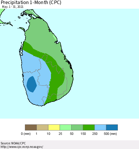 Sri Lanka Precipitation 1-Month (CPC) Thematic Map For 5/1/2021 - 5/31/2021