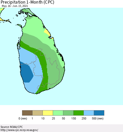 Sri Lanka Precipitation 1-Month (CPC) Thematic Map For 5/16/2021 - 6/15/2021