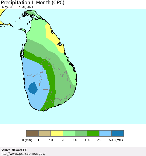 Sri Lanka Precipitation 1-Month (CPC) Thematic Map For 5/21/2021 - 6/20/2021