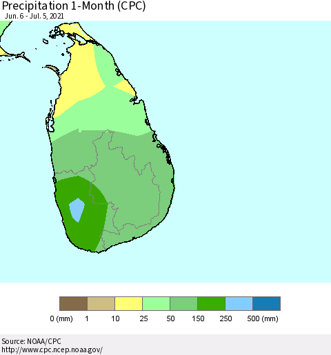 Sri Lanka Precipitation 1-Month (CPC) Thematic Map For 6/6/2021 - 7/5/2021