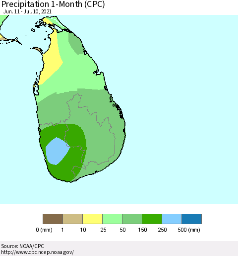 Sri Lanka Precipitation 1-Month (CPC) Thematic Map For 6/11/2021 - 7/10/2021