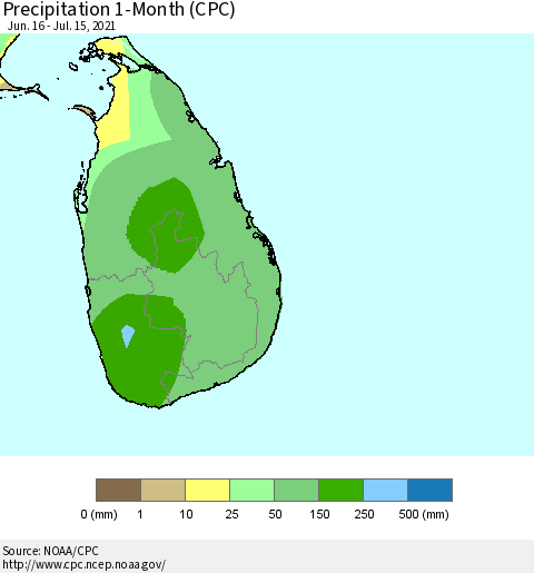 Sri Lanka Precipitation 1-Month (CPC) Thematic Map For 6/16/2021 - 7/15/2021