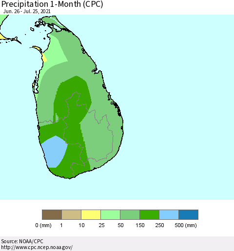 Sri Lanka Precipitation 1-Month (CPC) Thematic Map For 6/26/2021 - 7/25/2021