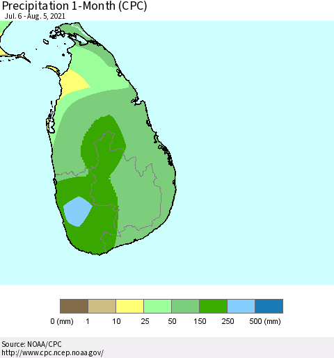 Sri Lanka Precipitation 1-Month (CPC) Thematic Map For 7/6/2021 - 8/5/2021