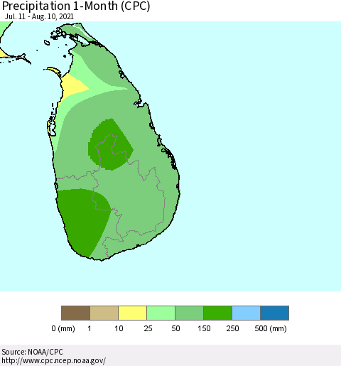 Sri Lanka Precipitation 1-Month (CPC) Thematic Map For 7/11/2021 - 8/10/2021