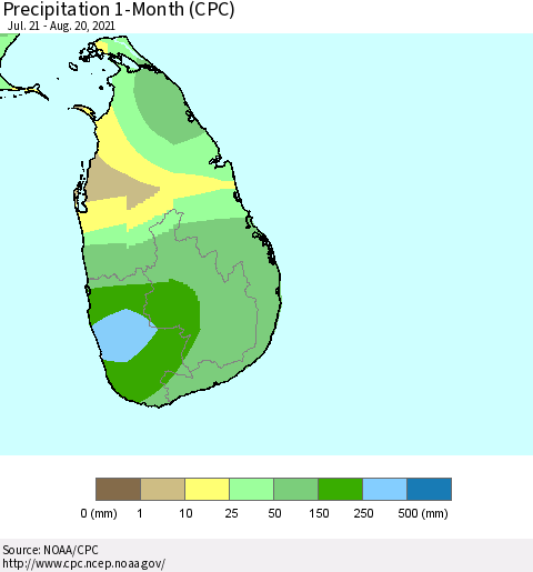 Sri Lanka Precipitation 1-Month (CPC) Thematic Map For 7/21/2021 - 8/20/2021