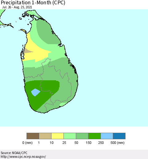 Sri Lanka Precipitation 1-Month (CPC) Thematic Map For 7/26/2021 - 8/25/2021