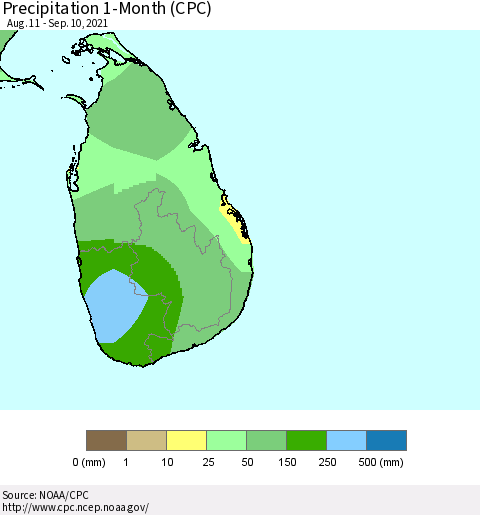 Sri Lanka Precipitation 1-Month (CPC) Thematic Map For 8/11/2021 - 9/10/2021