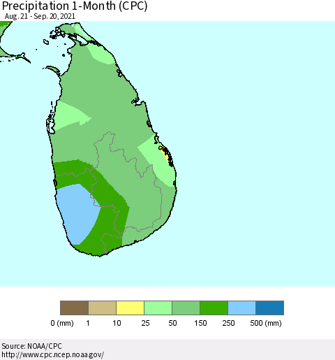 Sri Lanka Precipitation 1-Month (CPC) Thematic Map For 8/21/2021 - 9/20/2021
