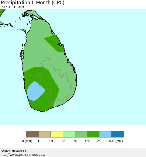 Sri Lanka Precipitation 1-Month (CPC) Thematic Map For 9/1/2021 - 9/30/2021