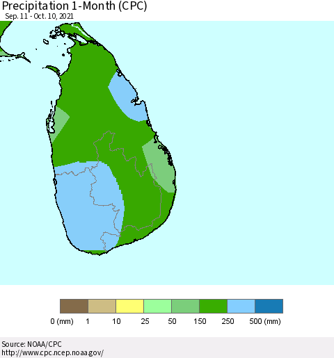 Sri Lanka Precipitation 1-Month (CPC) Thematic Map For 9/11/2021 - 10/10/2021