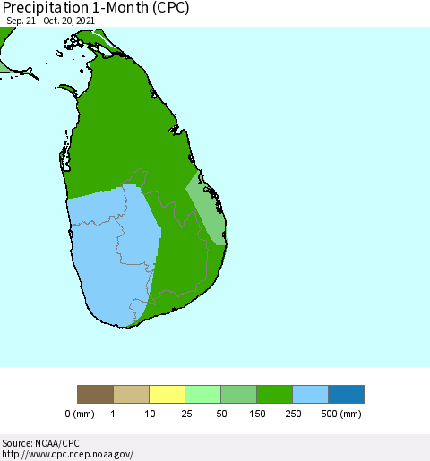 Sri Lanka Precipitation 1-Month (CPC) Thematic Map For 9/21/2021 - 10/20/2021